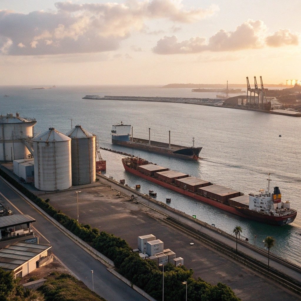 Navio graneleiro atracado ao entardecer