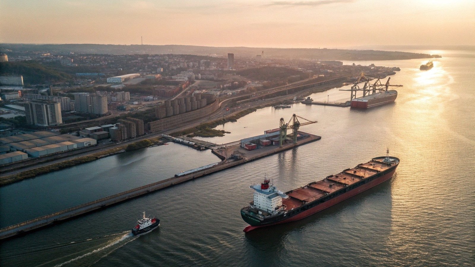 Vista aérea de navio graneleiro atracado no porto ao amanhecer